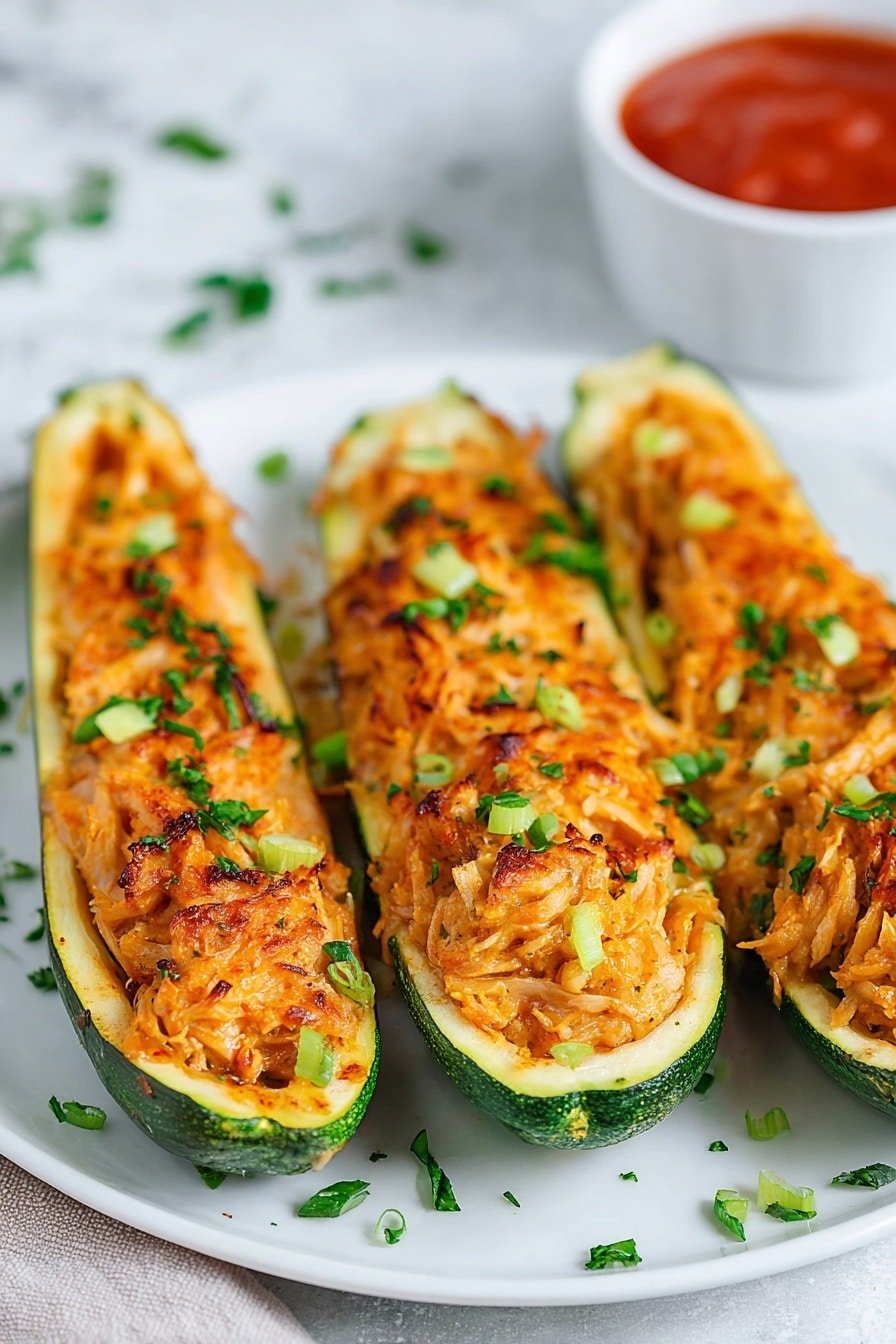 Three halves of zucchini boats are shown on a white plate over a white marbled surface. Each zucchini half is hollowed out with a bright green outer skin and filled with a shredded orange and light brown filling that looks cooked and slightly browned on the edges, topped with small pieces of chopped green herbs. In the background on the right edge, there's a white bowl filled with a red sauce. Photo taken with an iphone --ar 2:3 --v 7