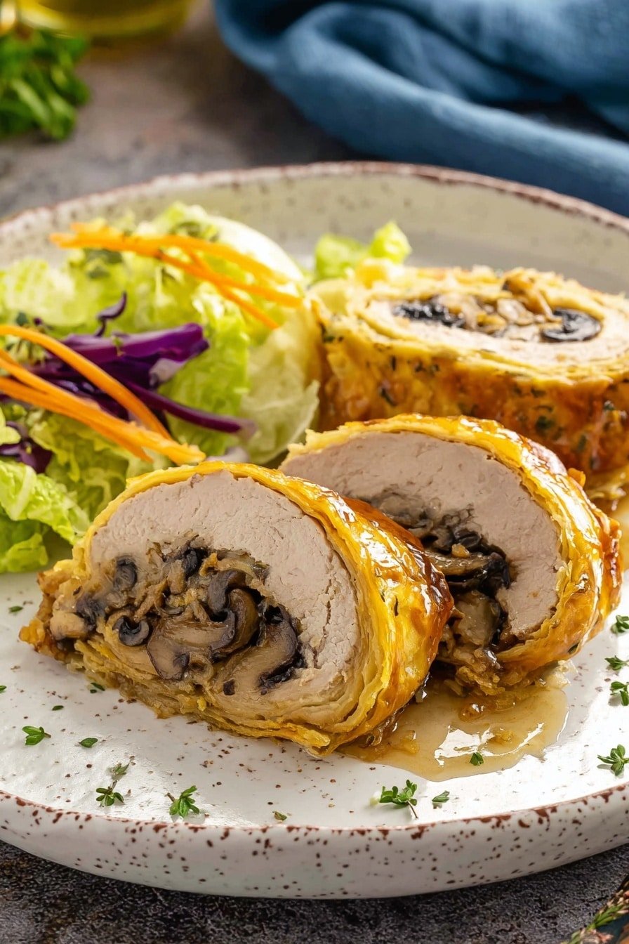 The dish shows two slices of a golden brown pastry roll with a shiny, slightly flaky crust, filled with three layers: a top layer of light beige cooked meat, a middle layer of finely chopped dark mushrooms mixed with herbs, and an outer crispy pastry layer wrapping it all together. The slices are placed on a white plate with speckled dots, next to a fresh colorful salad of light green lettuce, orange carrot slices, and thin strips of purple cabbage. A gold fork sits next to the slices, resting on the plate on a white marbled surface, with a blue cloth in the blurred background. Photo taken with an iphone --ar 2:3 --v 7