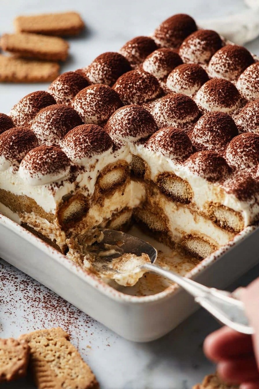 The image shows a white square ceramic dish with a partially eaten layered dessert inside. The dessert has four distinct layers of light brown biscuit or cake soaked in coffee or syrup, alternating with thick creamy white layers. On top, there are round dollops of white cream dusted with dark brown cocoa powder, arranged tightly across the surface. The edges of the dish have cocoa powder lightly spread. In the foreground, a woman's hand holds a spoon near the dish, resting on a white marbled surface with some scattered cookies partially visible. photo taken with an iphone --ar 2:3 --v 7