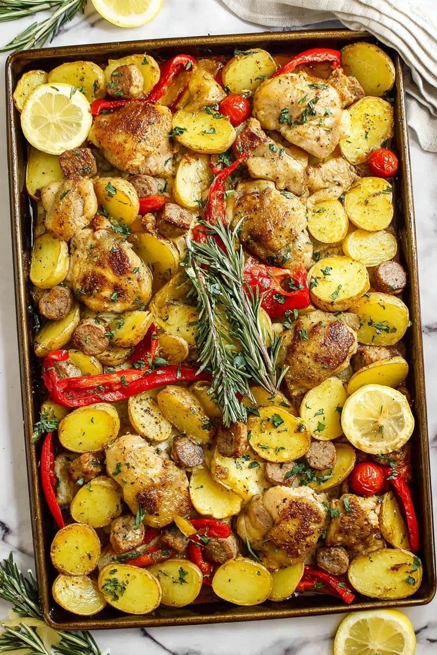 The image shows a large baking tray filled with roasted food arranged in layers. The bottom layer has golden-yellow potato halves and slices with a slightly crispy texture, along with slices of red bell pepper adding bright color. On top of this, there are browned sausage pieces scattered unevenly and light golden chicken thighs placed in different spots across the tray. A few small cherry tomatoes add some red pops, and fresh green herbs are sprinkled on top, with a sprig of rosemary laid across the center. Lemon wedges, pale yellow with a juicy texture, are placed around the tray for garnish. The whole scene is set on a white marbled surface. Photo taken with an iphone --ar 2:3 --v 7
