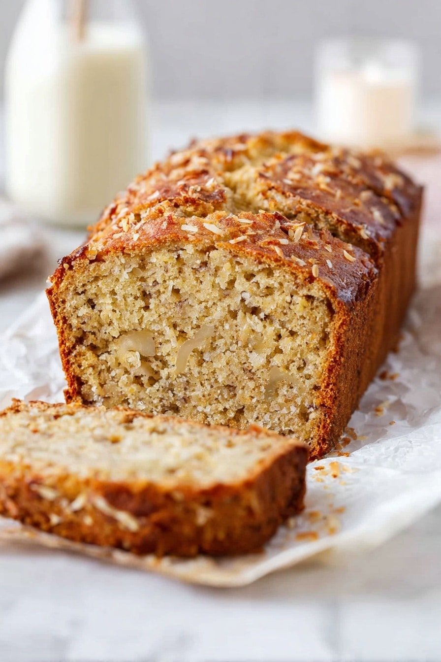The image shows a loaf of sliced bread resting on white parchment paper over a white marbled surface. The bread has a golden brown crust with a slightly rough texture and visible bits of grain or nuts on top. The inside is soft and moist with a light beige color and small uneven holes, indicating a tender crumb. One slice is laid flat in front of the rest of the loaf, showing its thickness and dense texture. In the background, there is a blurred glass bottle of milk and a white candle, adding a cozy atmosphere. Photo taken with an iphone --ar 2:3 --v 7