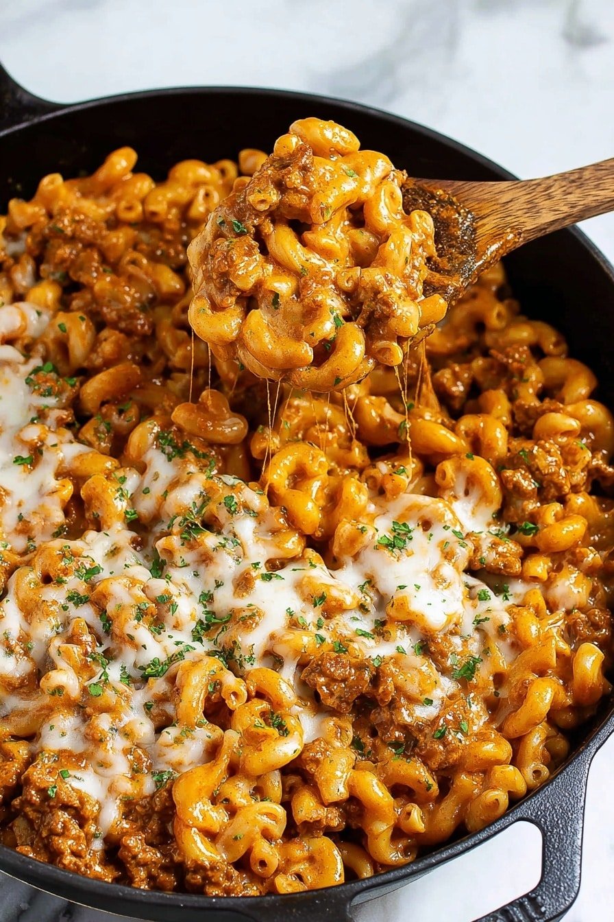 The image shows a close-up of a black cast iron pan filled with a creamy, orange-colored pasta dish that has elbow macaroni mixed with browned meat and melted white cheese strands scattered on top. The pasta is covered in a thick sauce with small green herb sprinkles adding a touch of color. A wooden spoon is in the pan, lifting a portion of the pasta, showing the creamy texture and cheese stretch. The pan sits on a white marbled surface. Photo taken with an iphone --ar 2:3 --v 7