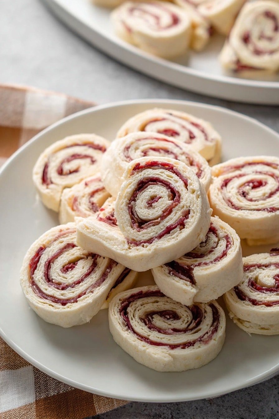The image shows many small pinwheel sandwiches arranged closely on a white plate. Each pinwheel has three visible layers spiraled inside: a soft, light beige outer wrap, a thin white layer inside it, and dark pink slices of meat tightly rolled in the center. The plate with the pinwheels is placed on a white marbled surface, and a small part of a white cloth with blue stitches is seen on the side. The photo taken with an iphone --ar 2:3 --v 7