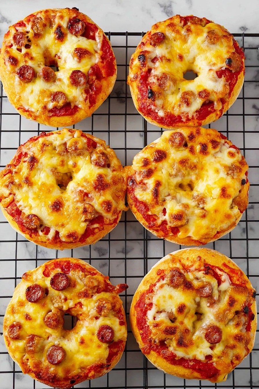 Six small pizzas rest on a black wire rack over a white marbled surface. Each pizza has a golden-brown melted cheese layer on top with bubbly and slightly crisp edges, beneath which a red tomato sauce layer peeks out around the crust. The pizzas have a light brown crust, evenly cooked and slightly raised at the edges. Three of the pizzas show small round slices of sausage scattered on the cheese layer. Some pizzas have an open hole in the middle, showing the bagel-shaped base. The overall look is warm and inviting with a mix of creamy yellow cheese and red sauce. photo taken with an iphone --ar 2:3 --v 7