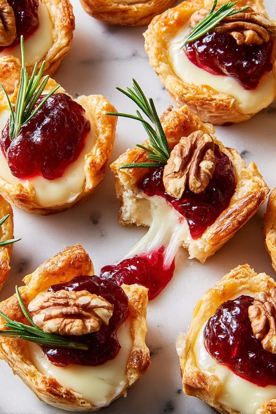 Small tartlets are arranged closely on a white marbled surface, each featuring a golden-brown flaky crust as the base. Inside the crust, there is a creamy white layer of melted cheese, topped with a bright red dollop of cranberry sauce that adds a shiny texture. Each tartlet is decorated with a half walnut piece and a small sprig of fresh rosemary, creating a mix of natural green, brown, and red colors standing out on the warm crust. One tartlet is broken open, showing the soft, melted cheese inside and the crisp, flaky layers of pastry, emphasizing its texture. photo taken with an iphone --ar 2:3 --v 7