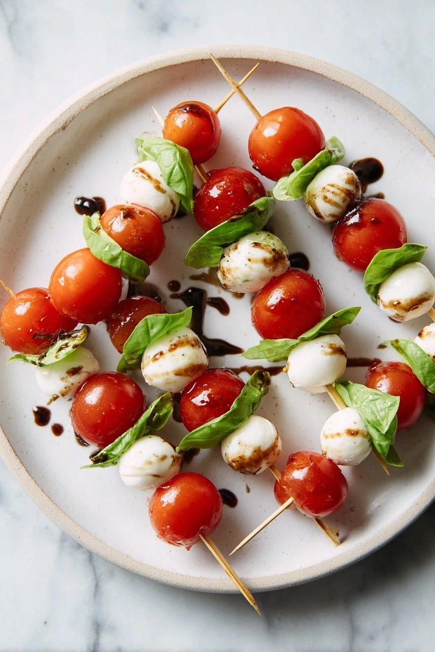 The image shows a white plate on a white marbled surface holding several skewers of Caprese salad. Each skewer has three layers: a red cherry tomato on the top and bottom, with a small white ball of mozzarella cheese and a fresh green basil leaf in the middle. The mozzarella and basil appear soft and fresh, and the skewers are drizzled with a dark brown balsamic glaze, adding a shiny texture to the ingredients. The light highlights the glossy surface of the tomatoes and the smooth cheese. photo taken with an iphone --ar 2:3 --v 7