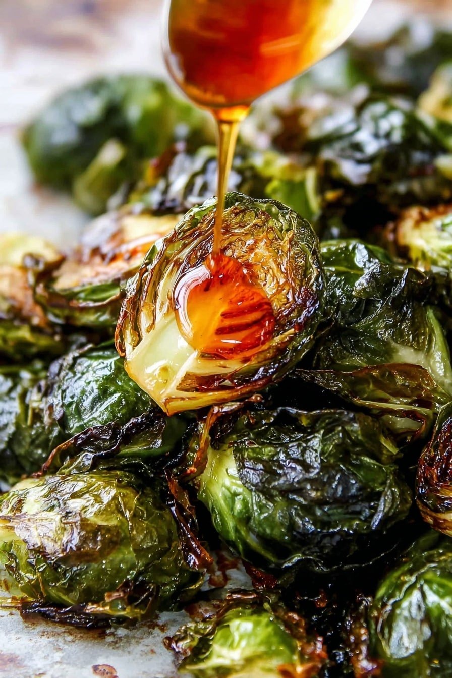 The image shows a close-up of roasted Brussels sprouts piled together, each Brussels sprout having dark green outer leaves with crispy brown edges and lighter green inner layers. One Brussels sprout is in the center being drizzled with a shiny amber-colored liquid, which highlights the textures of the leaves and gives a glossy look. The roasted layers are slightly charred and juicy with visible caramelization. The background and surface have a white marbled texture. photo taken with an iphone --ar 2:3 --v 7