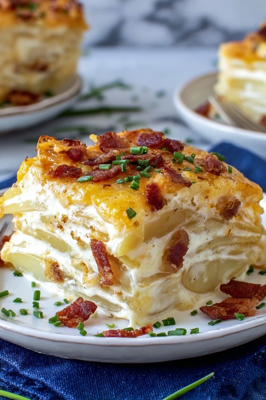 The image shows a thick slice of layered cheesy potato casserole on a white plate. The dish has visible five layers of thin, soft yellow potato slices mixed with creamy white cheese sauce, topped with a golden brown crust that looks slightly crispy. Small pieces of reddish-brown bacon bits are scattered on top and inside, adding texture and color. Fresh green chopped chives are sprinkled over the entire slice and plate, enhancing the look. The plate rests on a dark blue cloth which lies on a white marbled surface, with another blurred plate of the same dish in the background. Photo taken with an iphone --ar 2:3 --v 7