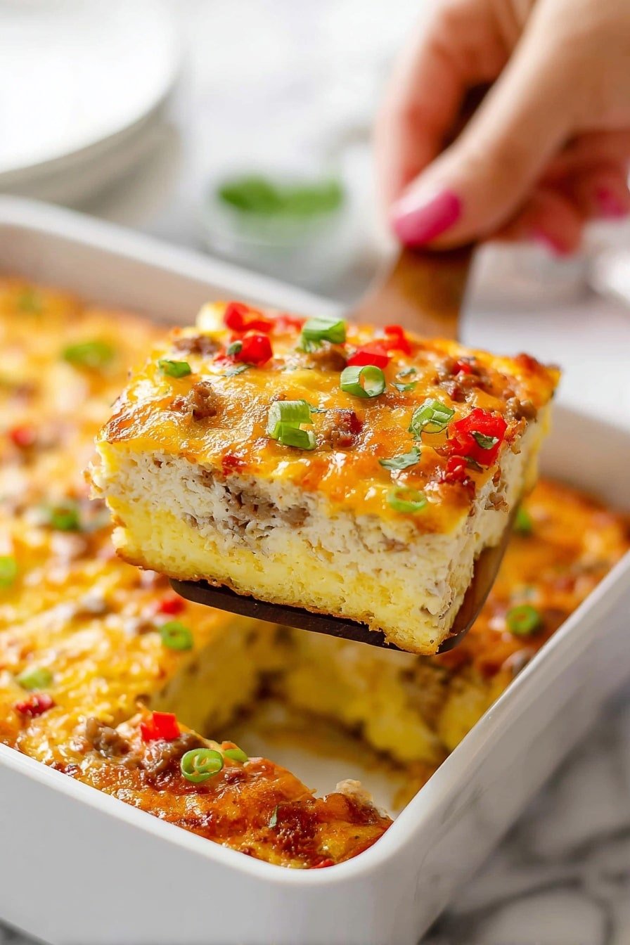 A square piece of baked casserole is shown being lifted with a wooden spatula held by a woman's hand. The casserole has three clear layers: a bottom yellow layer that looks like cooked eggs, a middle thick white layer with a soft texture, and a top golden-brown layer covered with melted cheese mixed with small pieces of red peppers and bits of seasoned meat. Fresh green onion slices are sprinkled on top. The casserole is in a white baking dish set on a white marbled surface, with the background softly blurred. Photo taken with an iphone --ar 2:3 --v 7