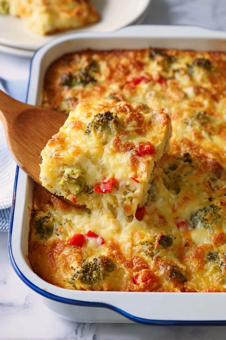 A white rectangular baking dish with a blue rim holds a cheesy vegetable casserole, with a golden, slightly browned top layer of melted cheese that covers chunks of broccoli, small red bell pepper pieces, and a soft, light yellow bread or dough base underneath. A wooden spatula lifts a square piece, showing a stretch of gooey cheese and the mixed vegetables inside. In the background, a white plate with a serving of the casserole is slightly out of focus, placed on a white marbled surface. Photo taken with an iphone --ar 2:3 --v 7