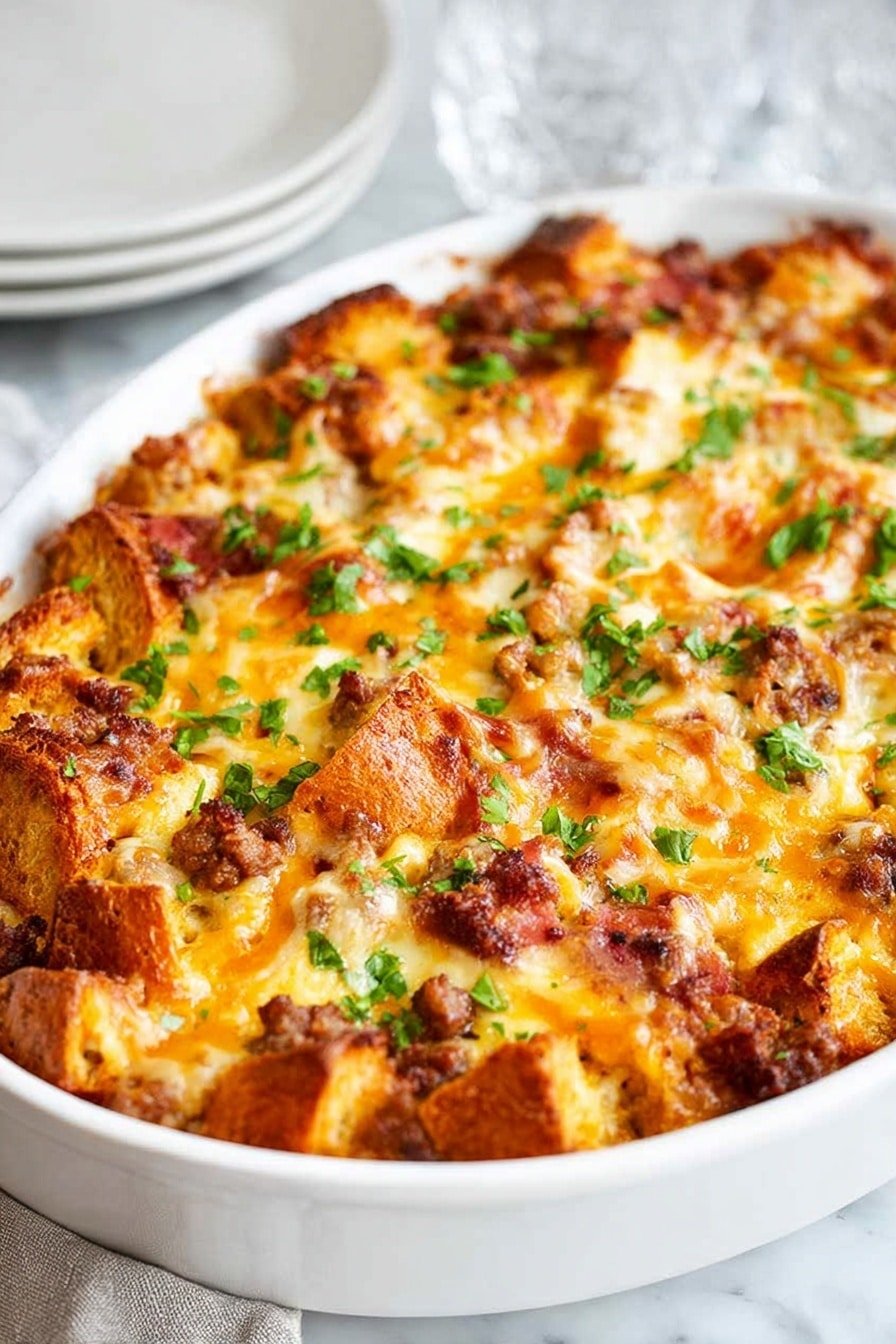 A white oval dish holds a baked casserole with multiple layers. The base layer is made of crunchy, golden bread cubes that show slightly browned edges. Above this, there is a thick, creamy orange layer that looks smooth and rich. Chunks of browned meat are scattered throughout, adding texture and darker brown spots. The top layer is a golden melted cheese, bubbly and slightly crispy in some places, with fresh green chopped herbs sprinkled evenly across the surface. The dish sits on a white marbled table, with a blurred gray cloth and glassware in the background. Photo taken with an iphone --ar 2:3 --v 7