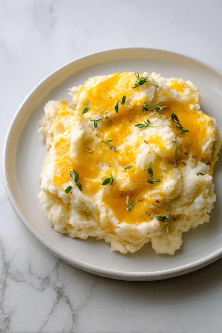 The dish shows a single serving of mashed textured food with two main layers: the base layer is creamy off-white, soft, and slightly lumpy, while the top layer is melted yellow cheese spread unevenly with some small spots of deeper yellow, giving a melted and slightly shiny look. Small green herb leaves are scattered on the top, adding a touch of color and freshness. The food sits on a simple white plate with a clean edge, and the plate itself is stacked on two other white plates, all on a white marbled surface with a soft, blurred background. photo taken with an iphone --ar 2:3 --v 7