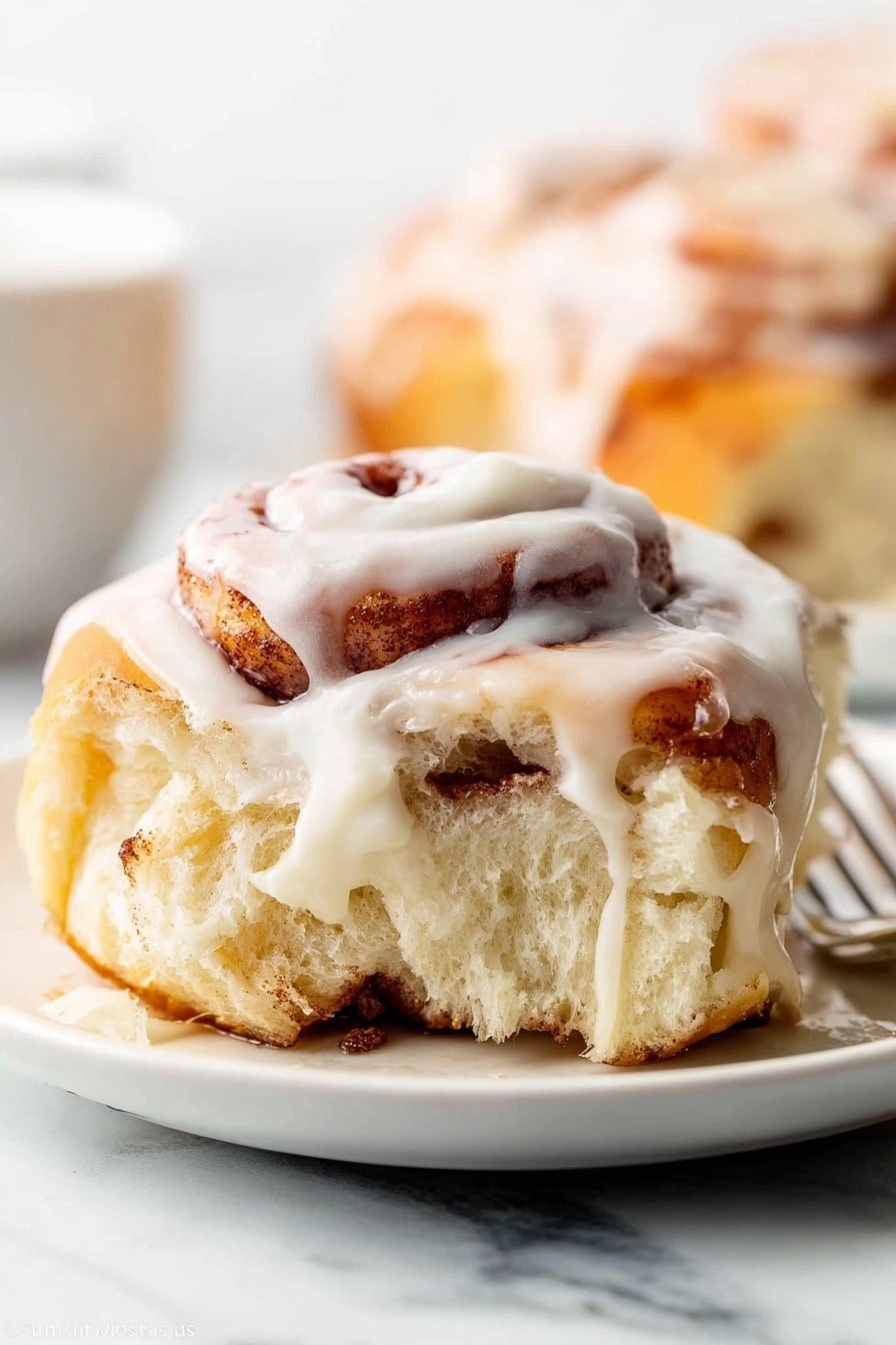 A clear round glass dish filled with eight golden brown cinnamon rolls covered with thick, creamy white icing that drips slightly down the sides. The rolls have visible dark brown cinnamon swirls and soft, fluffy texture. One cinnamon roll is being lifted up from the bottom left by a metal spatula with a wooden handle. The dish sits on a white marbled surface that contrasts with the warm tones of the rolls. The icing looks smooth and glossy, covering the rolls unevenly, giving a fresh baked look. photo taken with an iphone --ar 2:3 --v 7