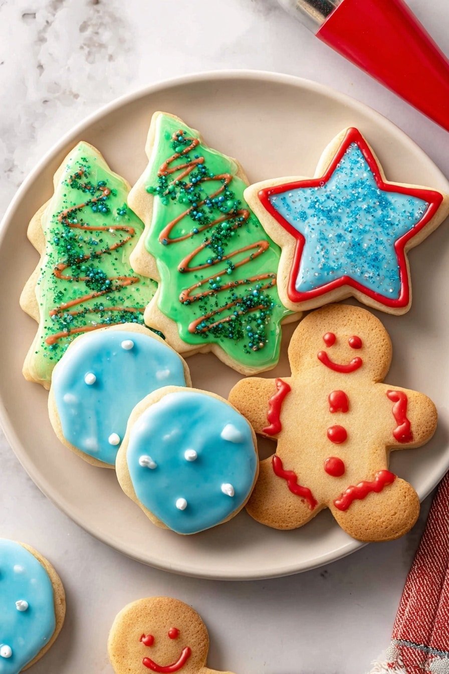 A white plate is filled with seven decorated Christmas sugar cookies on a white marbled surface. There are two round cookies with smooth, shiny blue icing and white sprinkled dots on top, positioned at the bottom and back left of the plate. Two green Christmas tree-shaped cookies have smooth green icing with darker green sugar sprinkles and wavy red lines on top, placed near the left side and back right of the plate. A blue star-shaped cookie with light blue icing and small white sprinkles has a red icing border and sits near the center. Two gingerbread people-shaped cookies have no base icing but red icing decorating their eyes, mouth, arms, legs, and buttons; one is lying at the right side and the other partly underneath cookies. In the top right corner, part of a red icing piping bag is visible. Photo taken with an iphone --ar 2:3 --v 7
