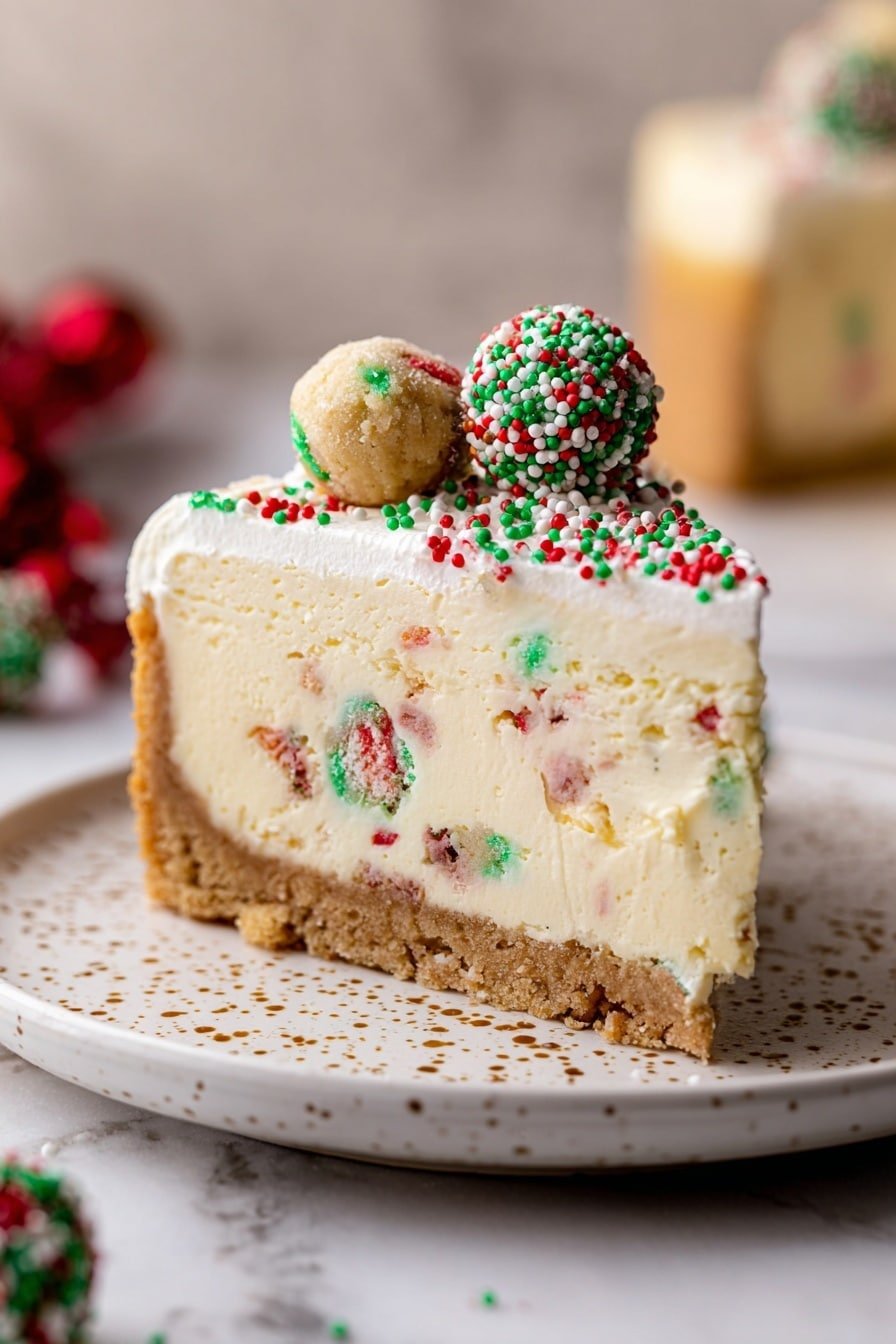 A slice of three-layer cake sits on a white plate with small brown specks. The bottom layer is a light brown cookie crust with red and green sprinkles mixed in. The thick middle layer is creamy off-white cheesecake with specks of red and green throughout. The top layer is smooth white frosting decorated with red, green, and white round sprinkles, and two small round cookie dough balls with green and red bits sit on top. The plate rests on a white marbled surface scattered with a few of the same colorful sprinkles. Photo taken with an iphone --ar 2:3 --v 7