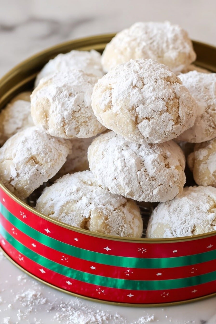 A round tin with red and green stripes around the edge is filled with many small, round cookies. Each cookie is pale beige and covered in a thick layer of white powdered sugar, creating a soft, powdery look. The cookies have a slightly rough and cracked texture beneath the sugar, and they are stacked close together, some leaning on others. The background is a white marbled surface. photo taken with an iphone --ar 2:3 --v 7