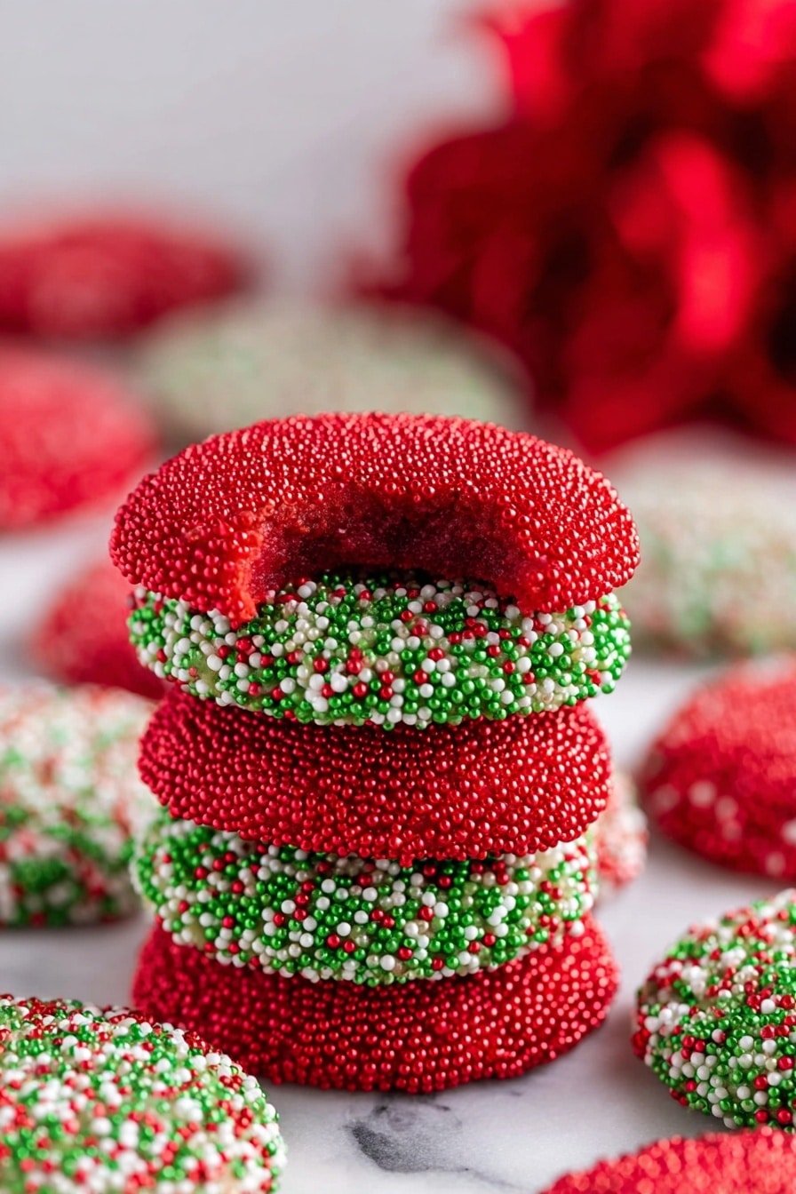 A stack of six cookies sits on a white marbled surface. The top cookie is bright red coated with small, shiny red sugar pearls and has a bite taken out of it, showing a soft inside. The second and fourth cookies are green and are decorated with tiny round red, white, and green sugar balls covering their edges. The third and fifth cookies are bright red with the same small red sugar pearls as the top cookie. Around the stack, other cookies are scattered, mostly showing the green base covered in red, white, and green sprinkles. In the background, there is a blurred red decoration adding a festive feel. photo taken with an iphone --ar 2:3 --v 7