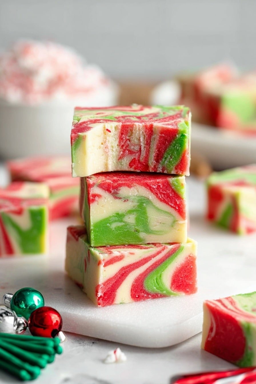 The image shows a stack of four square fudge pieces with swirled layers of red, white, and green colors. Each piece has a smooth yet slightly crumbly texture with the colors mixed in a wavy pattern throughout the layers. The top fudge piece has a bite taken out, showing the thickness and soft inside. The fudge pieces are on a flat white marbled surface with more fudge squares scattered around. There are festive small bells in red, green, and silver near the bottom left corner, adding a holiday feel. In the background, there is a white bowl softly blurred and some green sticks with red tips. photo taken with an iphone --ar 2:3 --v 7