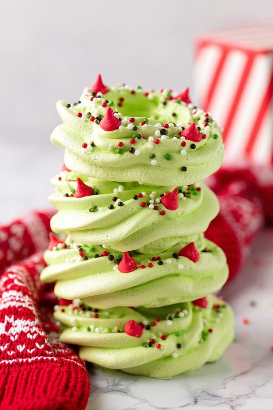 The image shows several round, light green wreath-shaped cookies arranged on a white rectangular plate placed on a white marbled surface. Each cookie has two layers of piped green frosting creating a ring shape with ridged textures. The top layer features small round sprinkles in red, green, and white colors scattered evenly across the surface. Some cookies are decorated with small red candy holly berries with green leaves and bows made from red icing placed on top. A white bowl with additional green frosting and red decorations is visible near the plate. The scene includes a red and white striped box in the background. photo taken with an iphone --ar 2:3 --v 7