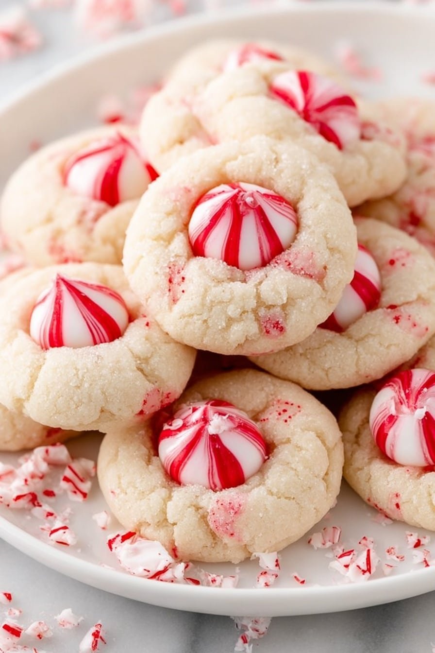 The image shows a pile of soft, round cookies with a light, creamy white color and slightly cracked texture on top, each cookie having a swirl of red and white striped candy pieces mixed inside the dough. In the center of every cookie sits a striped peppermint candy kiss with red and white curling stripes and a glossy sheen. The cookies are sitting closely on a plain white plate, which is on a white marbled surface. Pieces of crushed peppermint candy are scattered around the cookies, enhancing the festive and sweet look. photo taken with an iphone --ar 2:3 --v 7