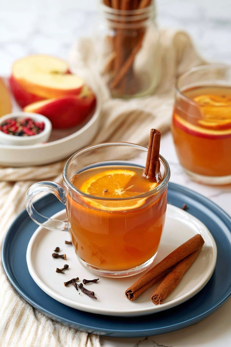 A clear glass mug filled with warm amber-colored liquid sits on a white plate that is placed on a blue plate, all on a white marbled surface. Inside the mug are thin slices of orange and apple floating in the liquid. Above the mug, a woman's hand holds a silver spoon with a thick, creamy, light beige dollop being dropped into the drink. Two cinnamon sticks and some cloves rest on the white plate next to the glass. In the soft-focus background, there is a white tray holding sliced apples and a glass jar filled with cinnamon sticks, alongside a small white bowl with red and black peppercorns. Photo taken with an iphone --ar 2:3 --v 7