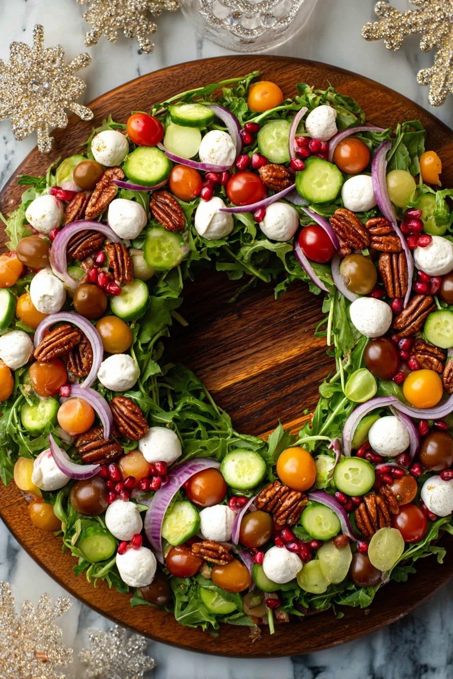 A salad arranged in a circular wreath shape on a wooden serving platter, with a visible empty center. The base layer is bright green leafy arugula spread evenly in a ring. On top, there are layers of colorful cherry tomatoes in red, yellow, and brown hues, surrounded by pale green cucumber slices scattered throughout. Thin rings of purple-red onion are placed over the vegetables, mixed with whole pecans that add a dark brown crunchy texture. Small white mozzarella balls are evenly dotted over the entire wreath, along with scattered little red pomegranate seeds that add pops of color. The background is a white marbled surface, and there are transparent decorative snowflake ornaments nearby. Photo taken with an iphone --ar 2:3 --v 7