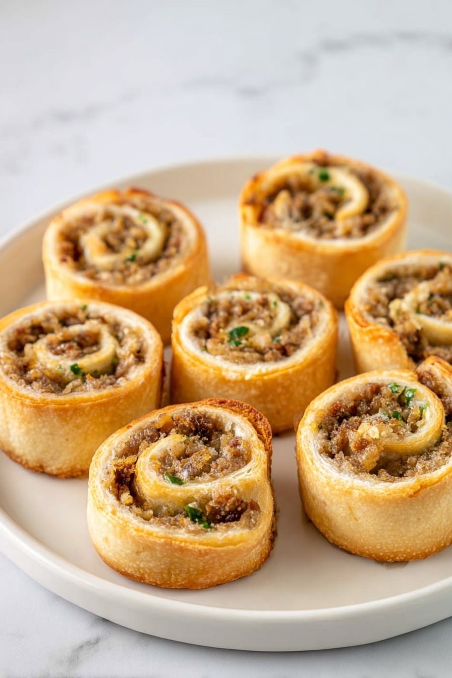 Eight small roll-shaped pastries are arranged on a round white plate on a white marbled surface. Each pastry has two visible layers: a golden-brown outer crust and a thick inner filling with a light brown color mixed with bits of green herbs. The filling has a soft, slightly crumbly texture and is tightly packed in a spiral pattern inside the crust. The pastries are evenly spaced and stand upright, showing their circular spiral shape clearly. photo taken with an iphone --ar 2:3 --v 7