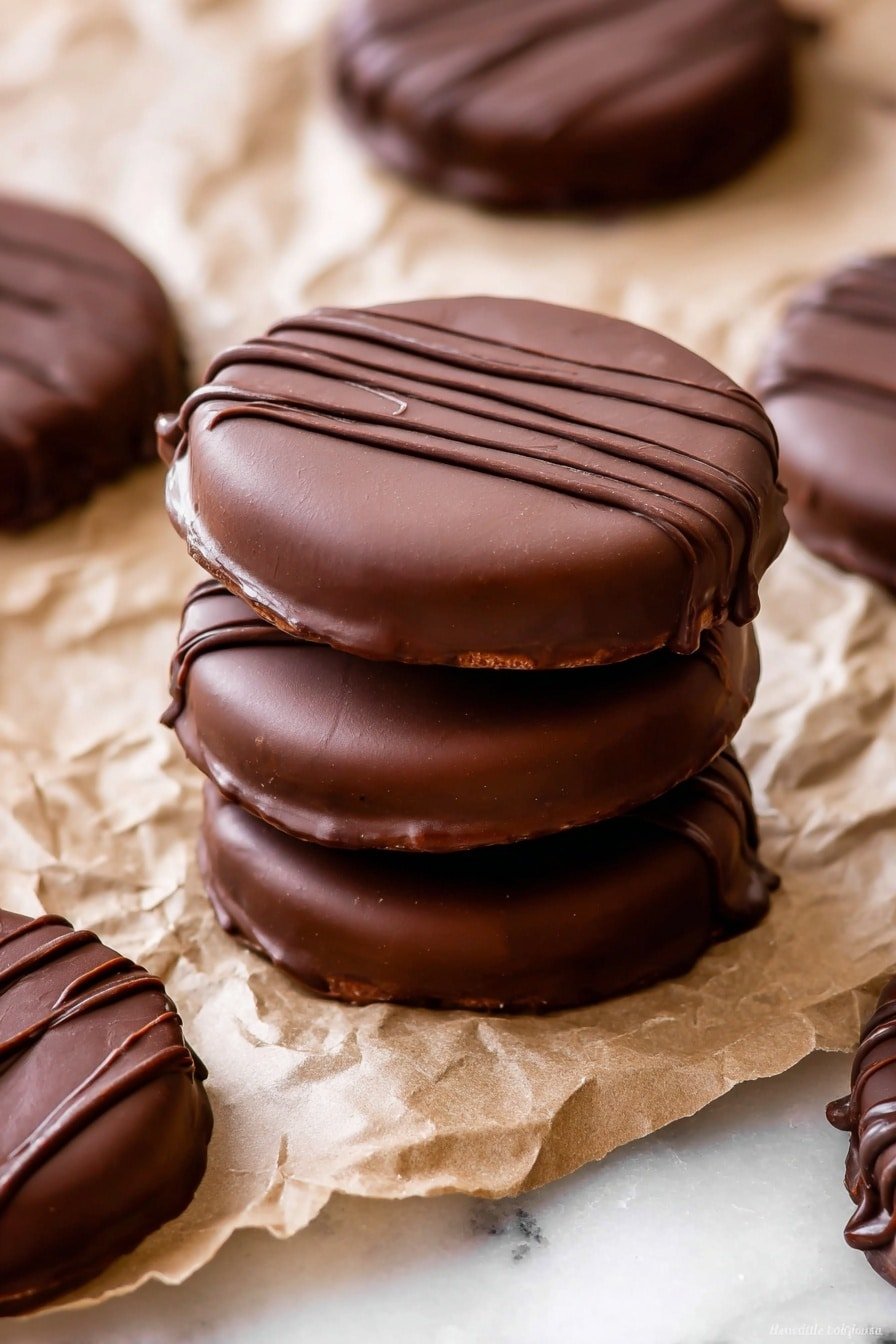 The image shows a stack of three round chocolate-covered treats placed on crinkled parchment paper. Each treat has a smooth, shiny dark brown chocolate coating with thin, darker chocolate lines drizzled on top. The treats have a slight edge where the chocolate coating meets the surface, showing a slightly uneven texture. Surrounding the stack, there are more similar chocolate treats lying flat on the parchment paper with the same glossy finish and drizzle pattern. The scene is set on a white marbled textured surface. photo taken with an iphone --ar 2:3 --v 7