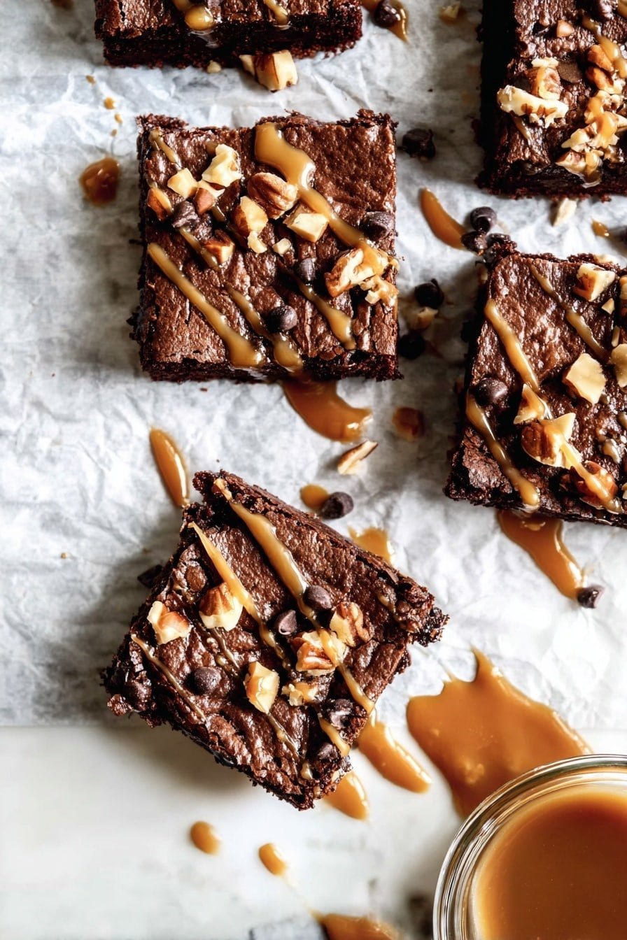 The image shows five square pieces of dark brown brownies with a rich, moist texture placed on white parchment paper over a white marbled surface. Each brownie is topped with small chunks of light brown nuts and tiny dark chocolate chips, adding a crunchy texture on top. A light brown caramel sauce is drizzled over each brownie in thin, uneven lines, creating a glossy contrast. There is a small glass bowl with more caramel sauce in the lower right corner, some spilling onto the white marbled surface. Photo taken with an iphone --ar 2:3 --v 7