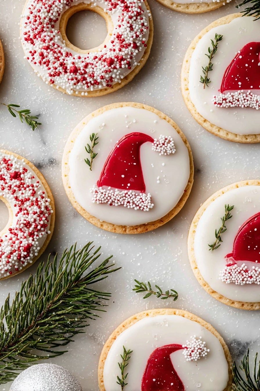 The image shows round and ring-shaped cookies with a smooth white icing layer on top. The round cookies have red icing shaped like a Christmas hat with white sugar crystals decorating the base and tip of the hat. The ring-shaped cookies are decorated with small red and white round sprinkles and tiny green rosemary leaves. The cookies are arranged on a white marbled surface and look soft with golden edges. Sprigs of fir and a white Christmas ornament are placed near the bottom for a festive touch. photo taken with an iphone --ar 2:3 --v 7