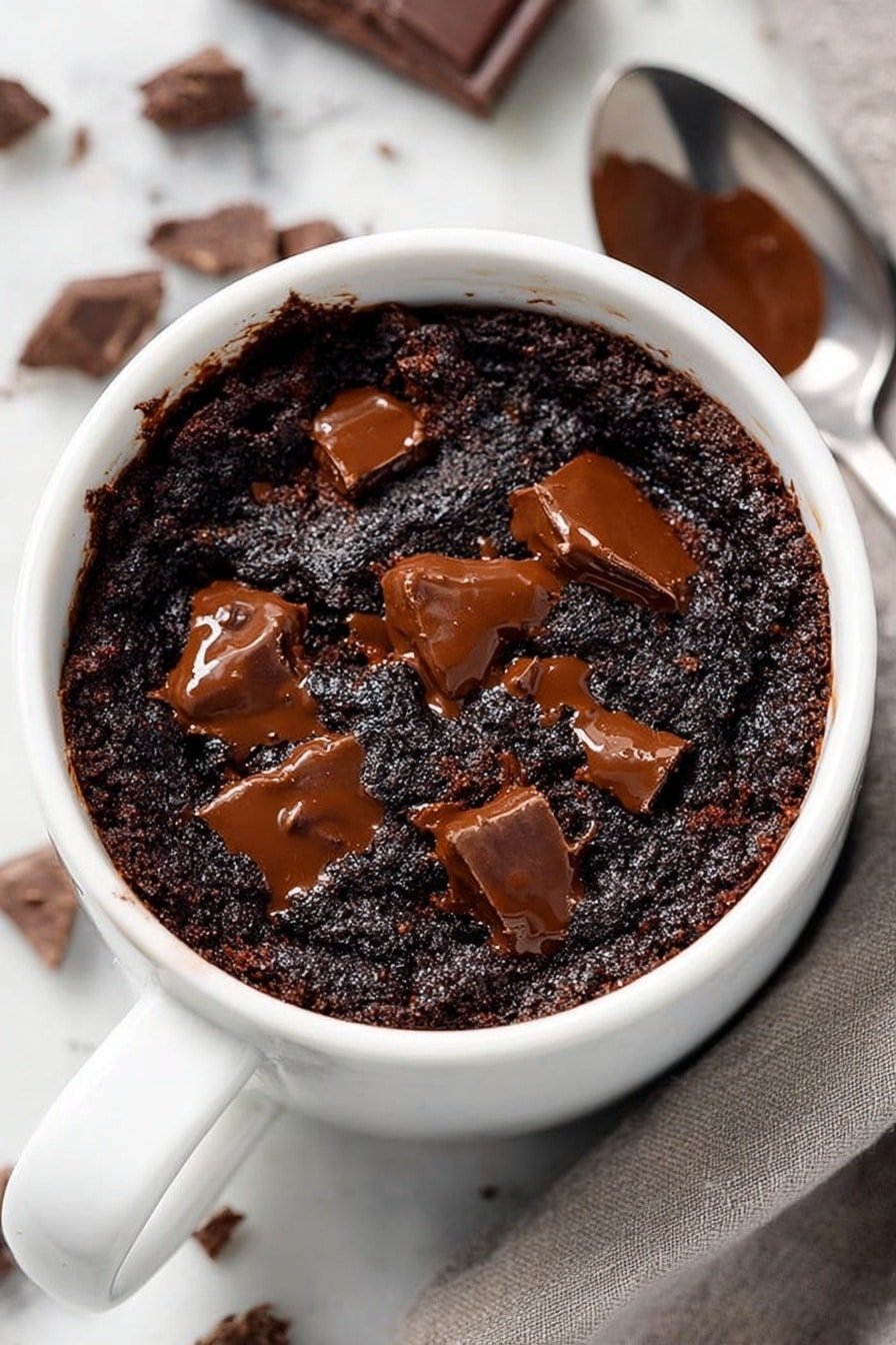 A white cup filled with one dark chocolate cake layer topped with melted chunky pieces of milk chocolate scattered across the surface, showing a rich and moist texture. The cup sits on a white marbled surface with broken pieces of chocolate near the top right corner and a light gray cloth to the right holding a metal spoon. The overall look is warm and inviting, with smooth and rough textures contrasting between the melted chocolate and the cake, photo taken with an iphone --ar 2:3 --v 7