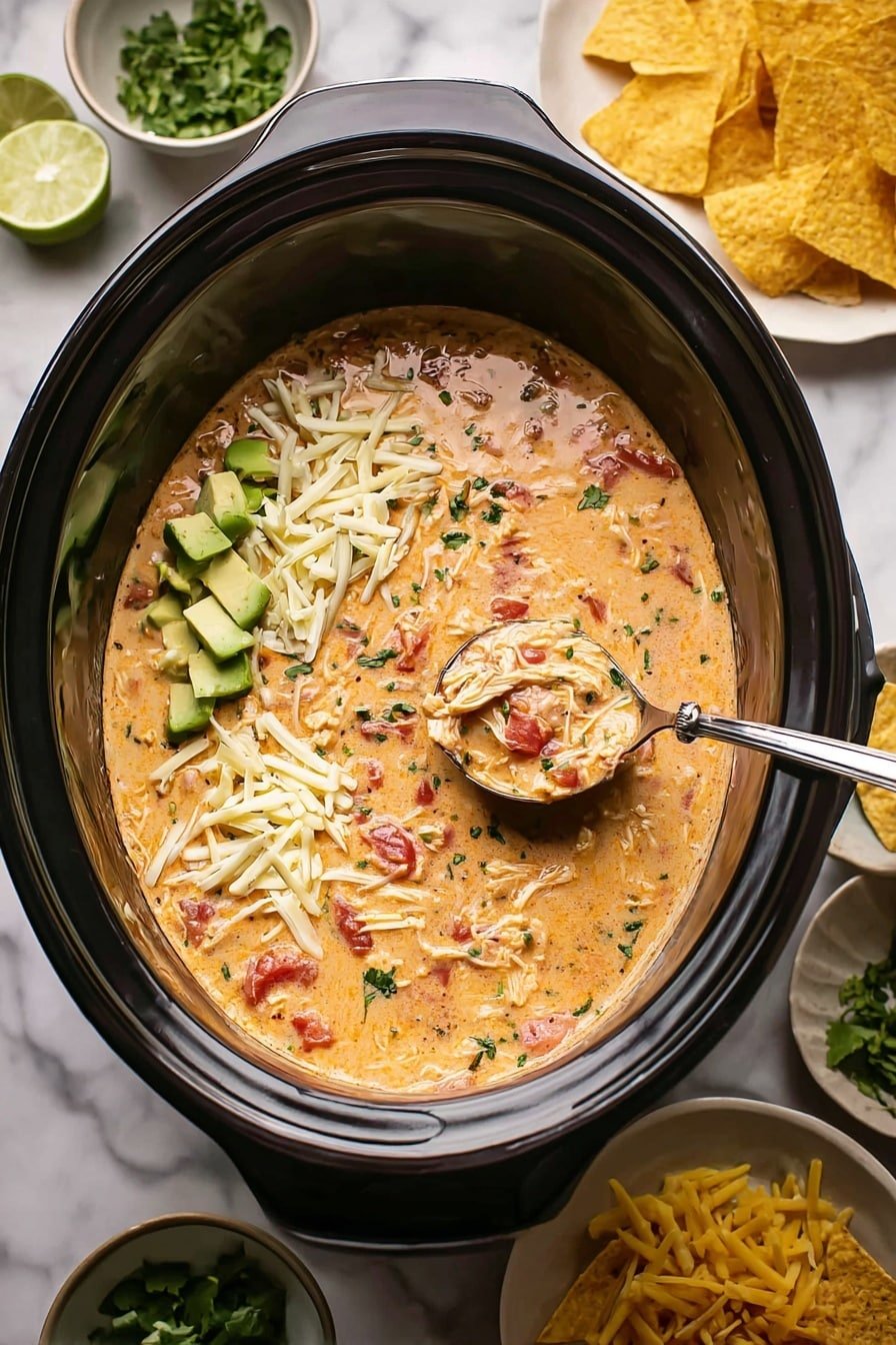 A black slow cooker filled with a creamy orange soup that has visible red tomato pieces and shredded chicken mixed in. On top of the soup, there are roughly chopped green avocado slices on the left side, white shredded cheese scattered in two small piles, and some green herbs sprinkled all over. Pieces of crushed yellow tortilla chips are also mixed in the soup. A metal spoon inside the cooker scoops some of the soup, showing its thick texture with bits of chicken and tomato. Around the cooker, there are white plates and bowls holding green chopped herbs, slices of lime, shredded cheese, and yellow tortilla chips, all placed on a white marbled surface. Photo taken with an iphone --ar 2:3 --v 7
