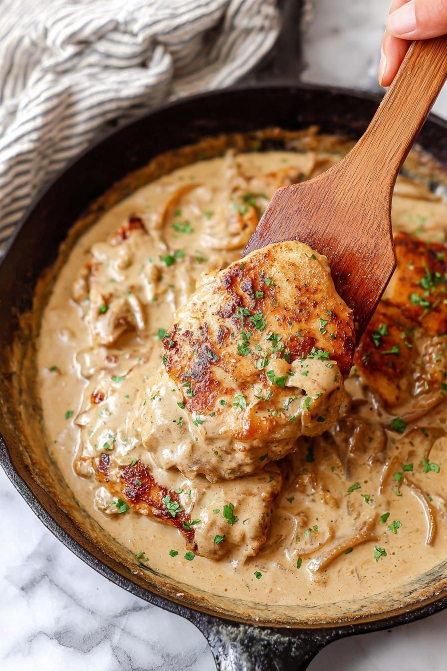 A skillet shows two layers: the bottom layer is a creamy sauce with a light brown color and soft texture with slices of onions mixed inside; on top is a golden brown cooked chicken piece covered in the sauce, with small bits of green herbs sprinkled over it. A wooden spatula holds one chicken piece from the skillet, and a woman's hand grips the spatula handle. The skillet rests on a white marbled surface with a soft striped cloth underneath. photo taken with an iphone --ar 2:3 --v 7