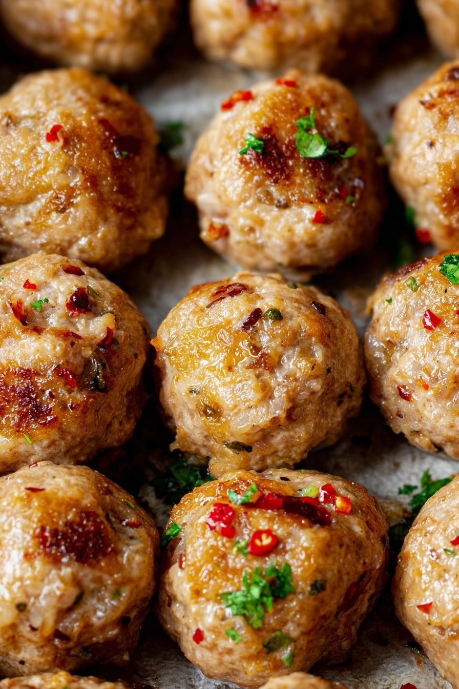 The image shows a close-up of several golden-brown meatballs arranged closely on a baking tray. Each meatball has a rough, slightly crispy surface with some small bits of onion visible inside. The meatballs are scattered with small flakes of red chili and tiny green parsley pieces, adding color contrast on the warm, light brown meat. The background is a white marbled texture that provides a clean, bright setting for the meatballs. photo taken with an iphone --ar 2:3 --v 7