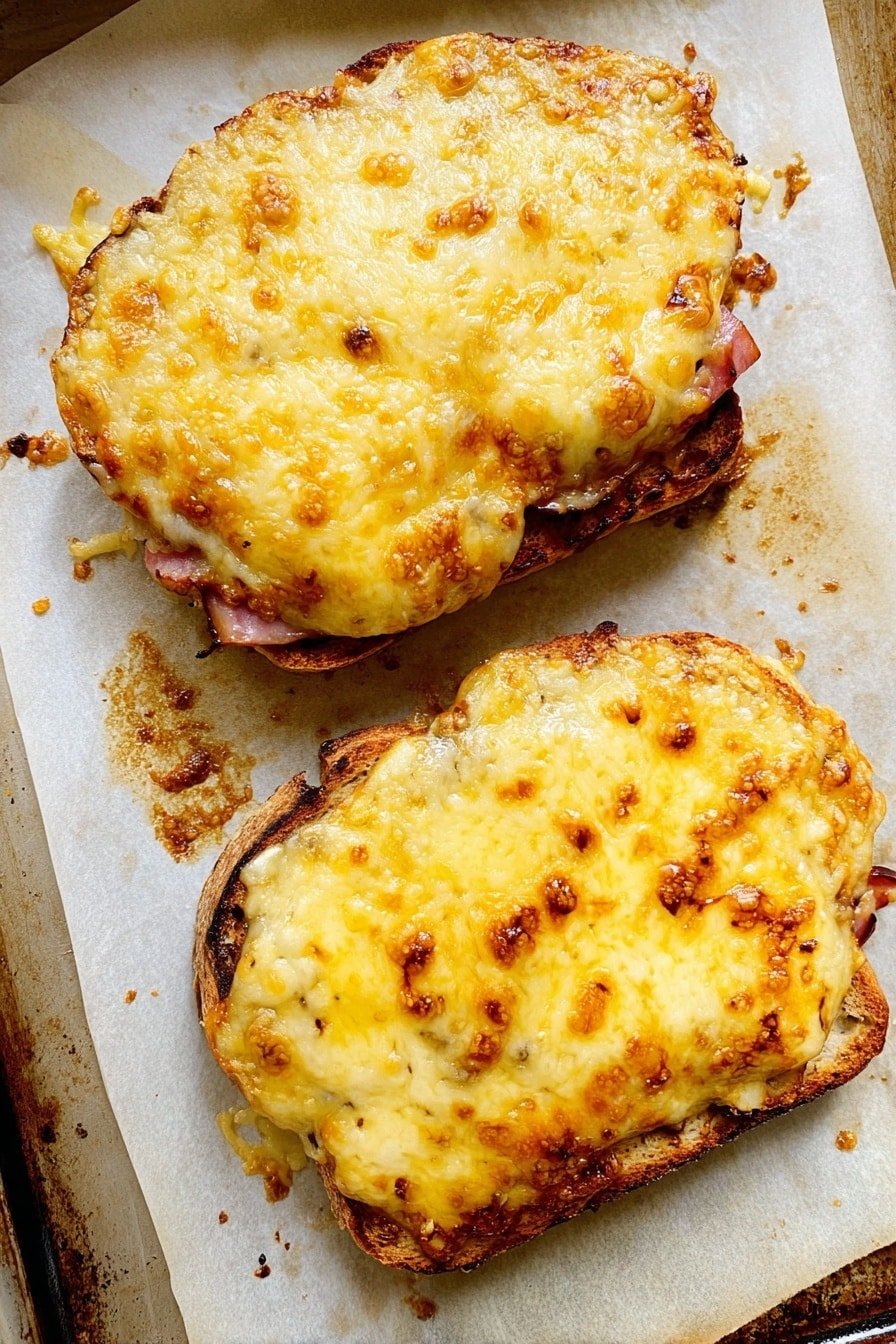 Two baked slices of food are on parchment paper over a baking tray. Each slice has three layers visible: the bottom layer is dark brown, the middle layer is lighter brown, and the top layer is melted cheese, yellowish and golden, bubbling and covering the edges, with some browned spots from baking. The cheese has melted and spread out slightly onto the parchment, creating a bubbly texture with small browned bits around the edges. The parchment is light with dark browned spots from cooking. photo taken with an iphone --ar 2:3 --v 7