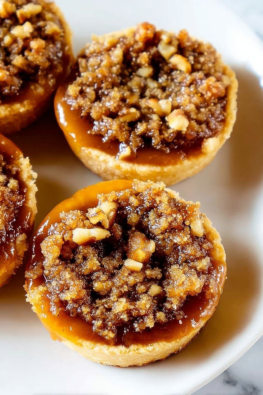 The image shows small round tarts on a white plate with a white marbled surface background. Each tart has three visible layers: the bottom layer is a golden-brown baked crust with a smooth texture, the middle layer is a sticky caramel sauce with a shiny, rich amber color, and the top layer is a crumbly mix of brown sugar, cinnamon, and chopped nuts that create a rough, textured surface with varying shades of brown. Some caramel sauce slightly drips over the nut topping, giving the tarts a moist and sweet look. photo taken with an iphone --ar 2:3 --v 7