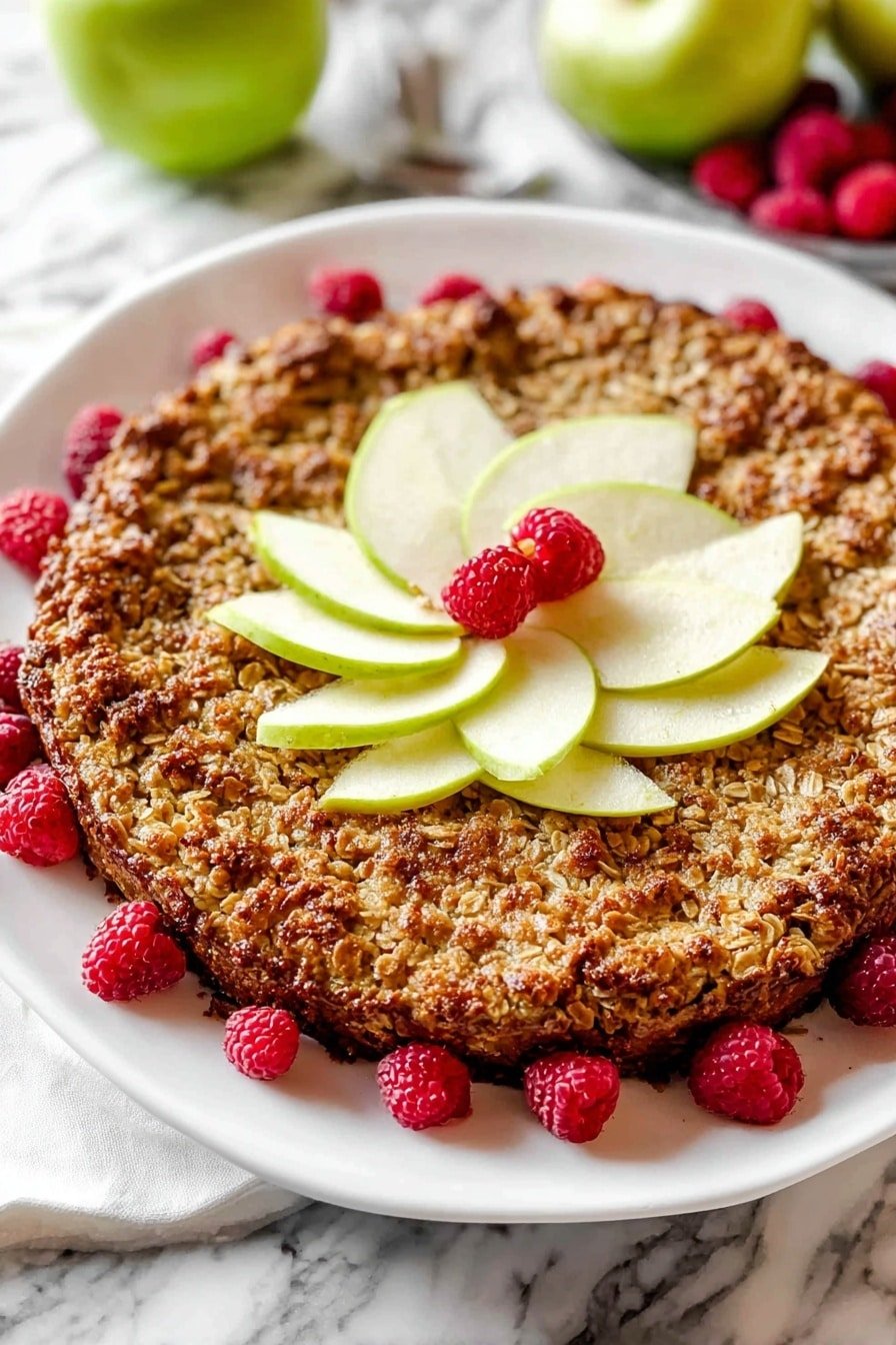 A white plate holds a single-layer round crumble with a golden-brown, textured oat topping. On top, there are thin green apple slices arranged in a flower shape in the center. Around the apple slices, there are bright red raspberries placed evenly along the edge and a few scattered close to the center. The plate is set on a white marbled surface with some more green apple slices and red raspberries blurred in the background. photo taken with an iphone --ar 2:3 --v 7