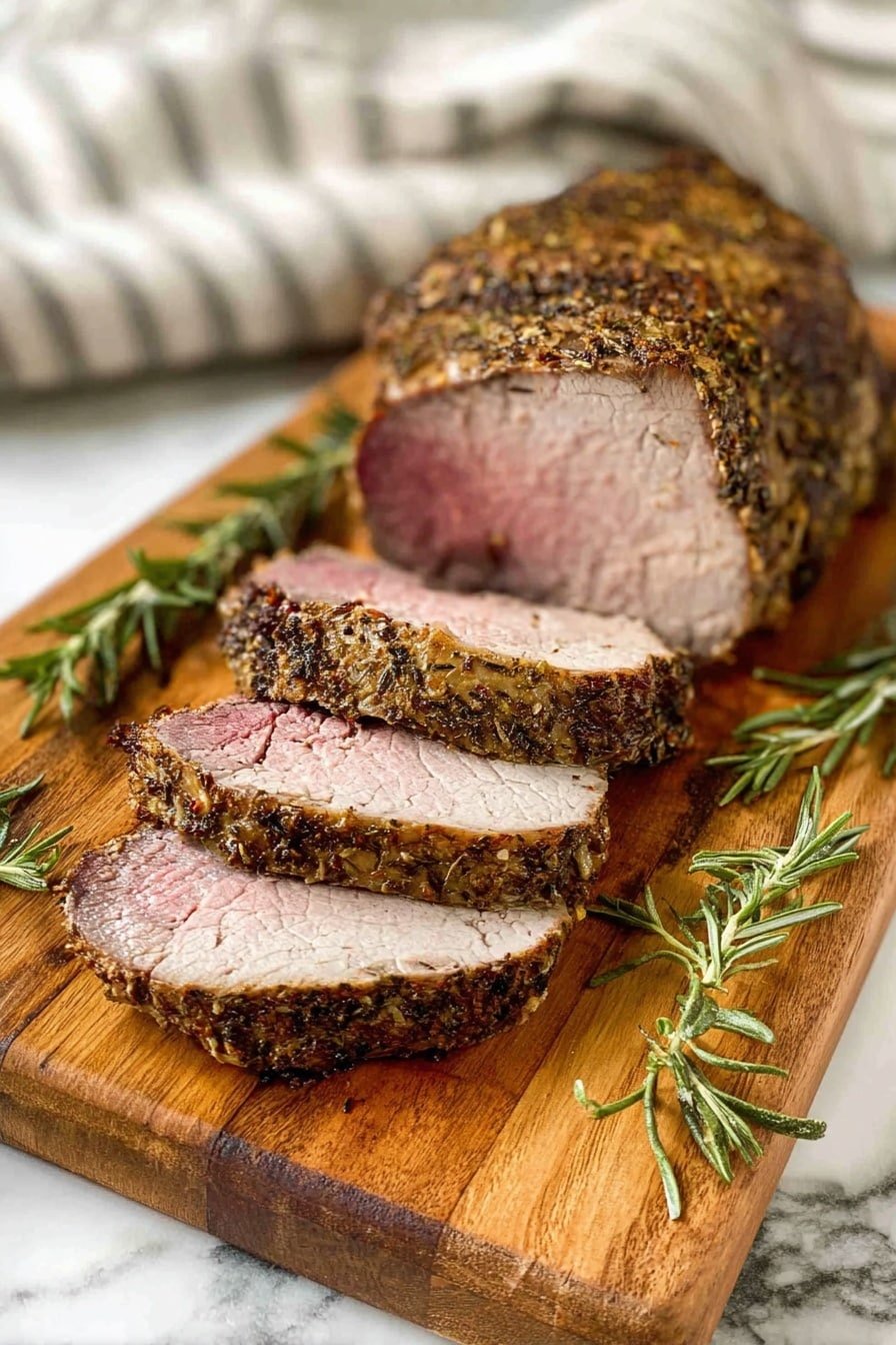 A wooden cutting board holds a thick piece of meat with a browned, herb-coated crust. Four slices are cut and fanned out in front of the larger piece, showing a tender inside with a light pink center and grey edges near the crust. Small sprigs of green rosemary lie on the cutting board around the meat. The background shows a white marbled surface with a soft-white-striped cloth, giving a cozy kitchen feel. photo taken with an iphone --ar 2:3 --v 7