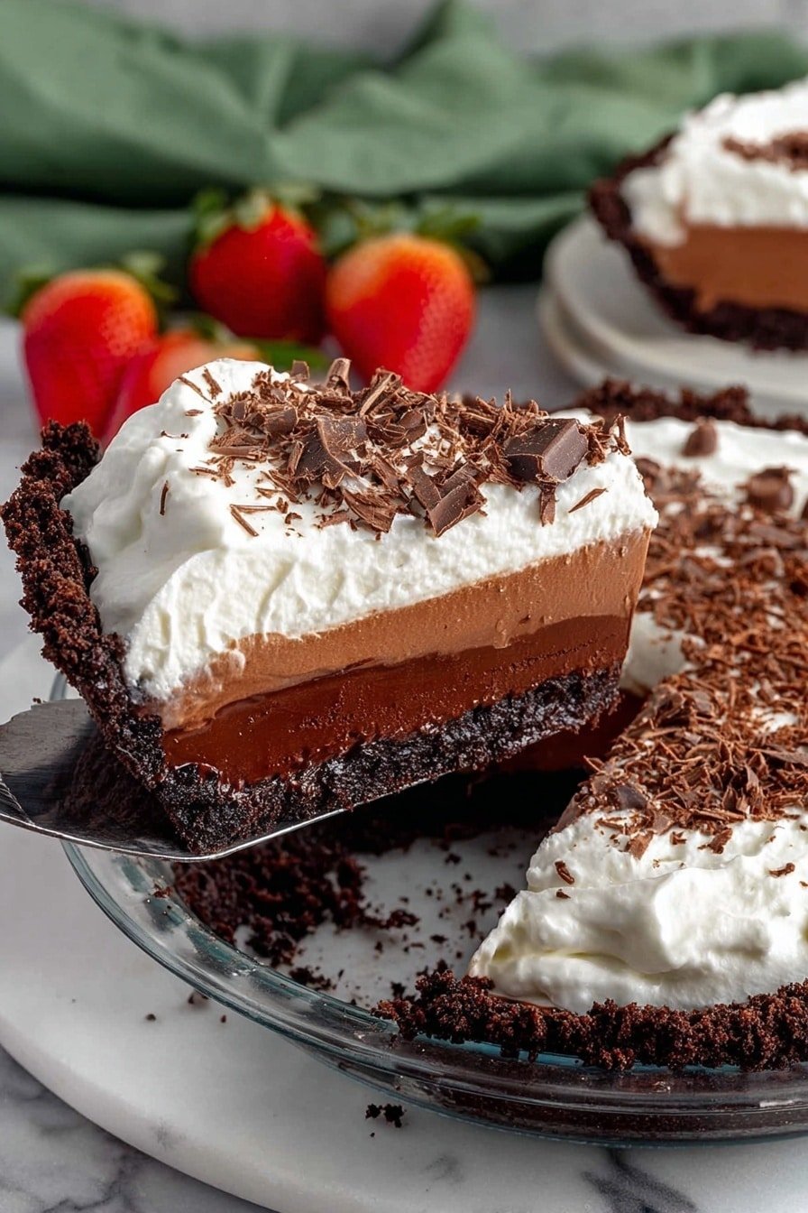 The image shows a rich, layered chocolate pie with four distinct layers, served on a white marbled surface. The bottom layer is a dark, crumbly chocolate crust, followed by a thick, smooth milk chocolate filling. Above this is a glossy dark chocolate ganache layer, and the top layer is a thick, fluffy white whipped cream spread evenly. The pie is decorated with dark and milk chocolate shavings scattered on the whipped cream. A slice is being lifted with a silver pie server, revealing the inner layers clearly. There are fresh halved strawberries around the pie, adding a pop of red color. The background features a soft green cloth placed slightly out of focus. Photo taken with an iphone --ar 2:3 --v 7