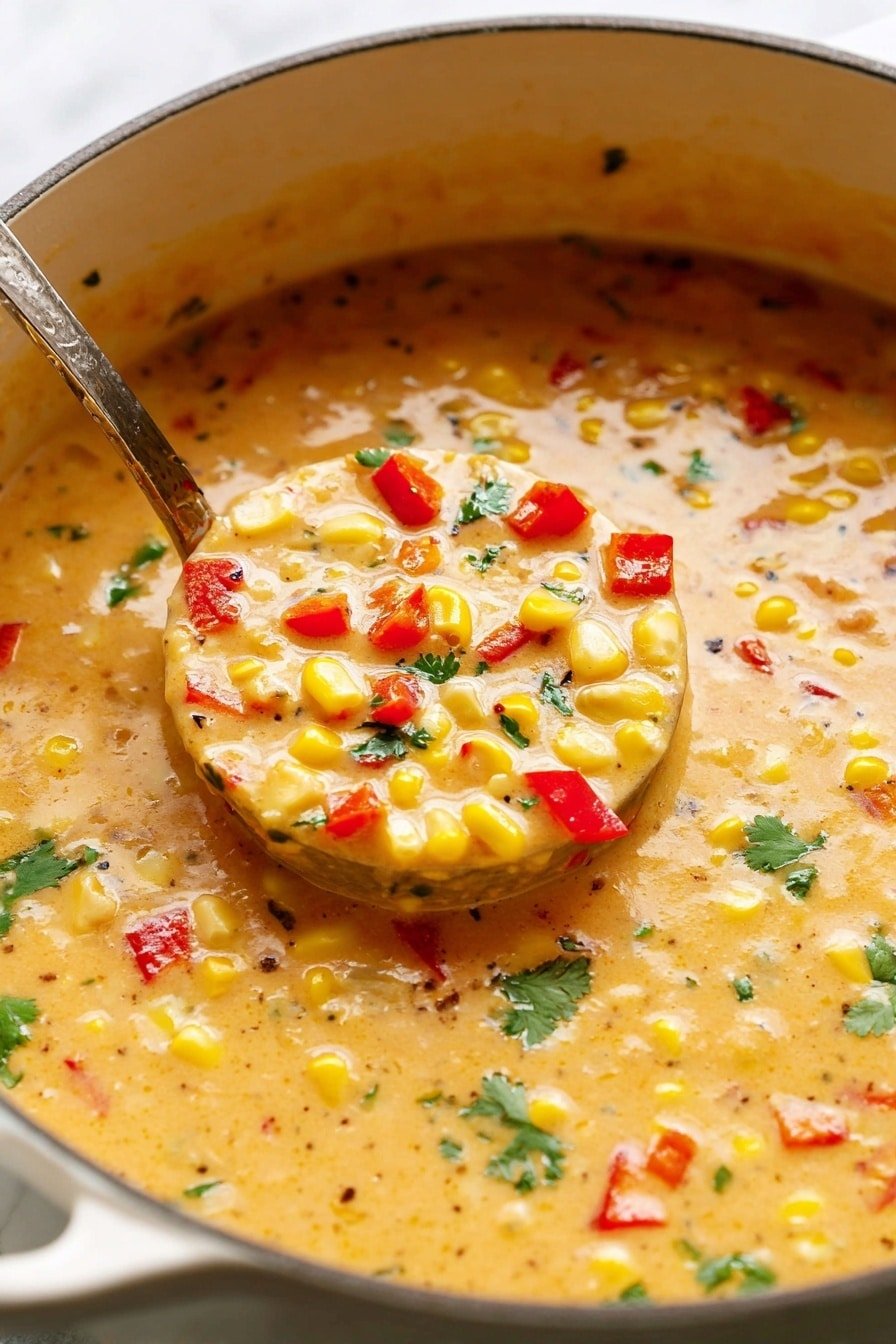 A close-up image shows a thick, creamy soup with visible yellow corn kernels, bright red bell pepper pieces, and small green cilantro leaves floating on the surface. The soup has a smooth, slightly glossy texture with a rich beige color base. A metal ladle inside the white pot is filled with the soup, highlighting the colorful ingredients in detail. The pot edge is slightly visible, and the background features a white marbled texture. photo taken with an iphone --ar 2:3 --v 7