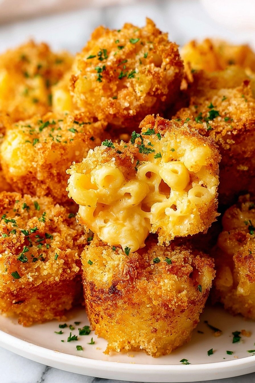 The image shows a white plate holding about twelve small, round macaroni and cheese muffins. Each muffin has a crispy, golden brown breadcrumb topping sprinkled with small green parsley bits. The muffins have a soft, creamy, and slightly lumpy texture beneath the crunchy topping, with the macaroni cheese mixture visible in a yellow-orange color. The muffins are arranged close together on the plate, which sits on a white marbled surface. In the background, there is a blurred white bowl containing green herbs. photo taken with an iphone --ar 2:3 --v 7