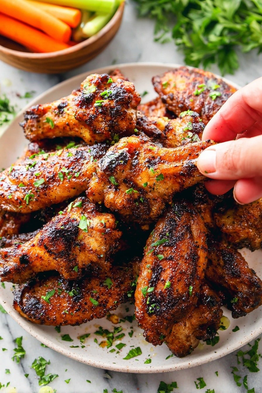 A white plate filled with about ten pieces of grilled chicken wings stacked in a slightly uneven pile, each wing with a dark golden-brown crispy skin that shows seasoning and small charred spots, sprinkled with small green parsley leaves. Near the right edge, a woman's hand is picking up one wing, showing the texture and seasoning up close. Around the plate edge are some scattered parsley bits, and in the background, there is a bowl with vibrant green vegetables and orange carrot sticks on a white marbled surface. photo taken with an iphone --ar 2:3 --v 7
