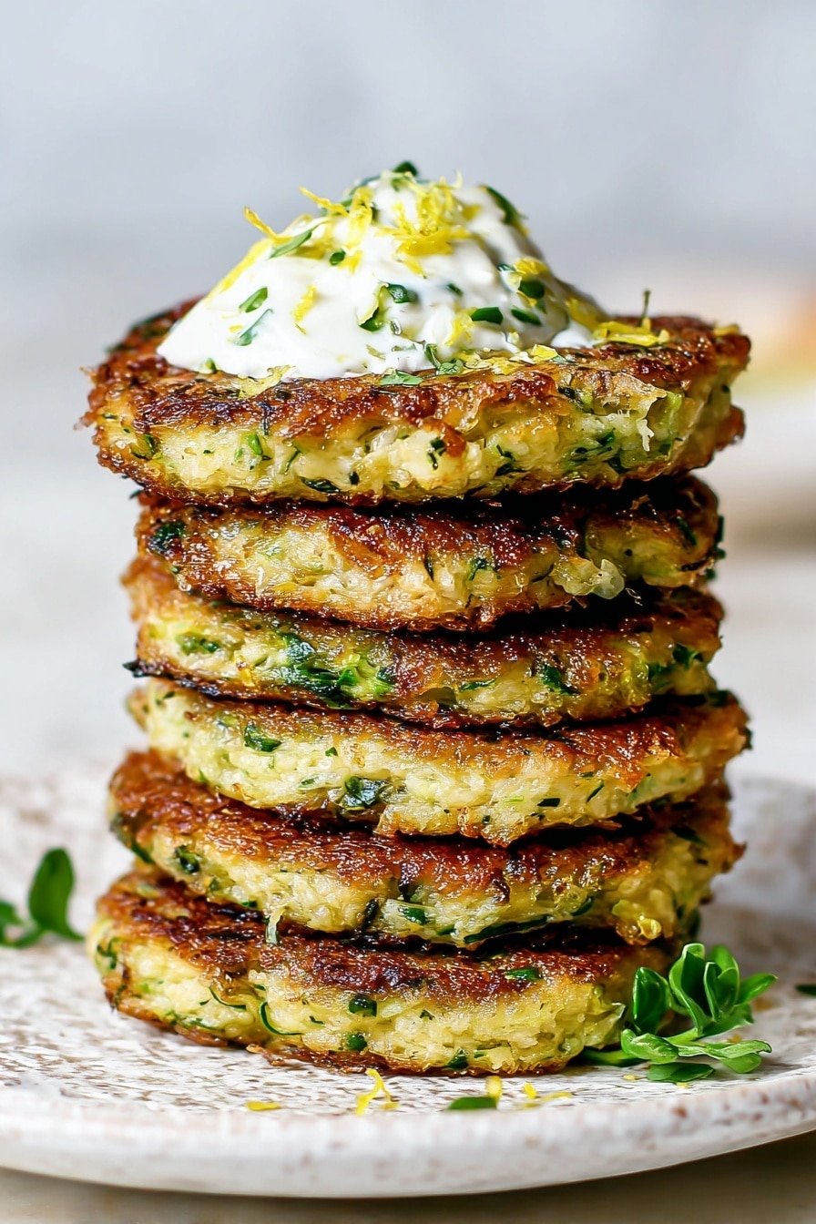 A stack of six thick, golden-brown fritters on a white plate with green herbs baked into them, giving each layer a textured surface with visible leafy bits. On top, there is a dollop of white sauce sprinkled with small green herb pieces and thin strips of yellow zest. The fritters have crispy, browned edges with a soft, slightly chunky interior. A small sprig of green herb lies near the bottom of the plate. The plate rests on a white marbled surface. photo taken with an iphone --ar 2:3 --v 7