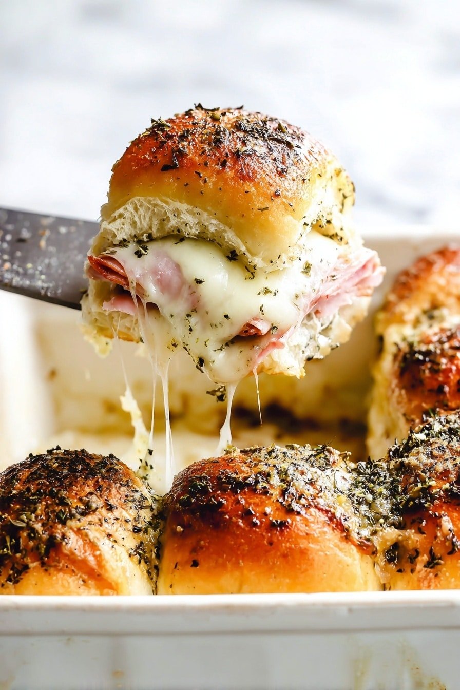 The image shows a close-up of a baked sandwich slider being lifted from a white baking dish with a spatula. The slider has a golden brown top sprinkled with black and green herbs. The sandwich has at least three visible layers: the top bun with herbs, a middle layer of melted white cheese stretching as the slider is lifted, and a bottom layer featuring light pink ham. Inside the white baking dish, two more sliders with the same golden, herb-covered tops sit side by side with melted cheese appearing between them. The background surface has a white marbled texture. photo taken with an iphone --ar 2:3 --v 7