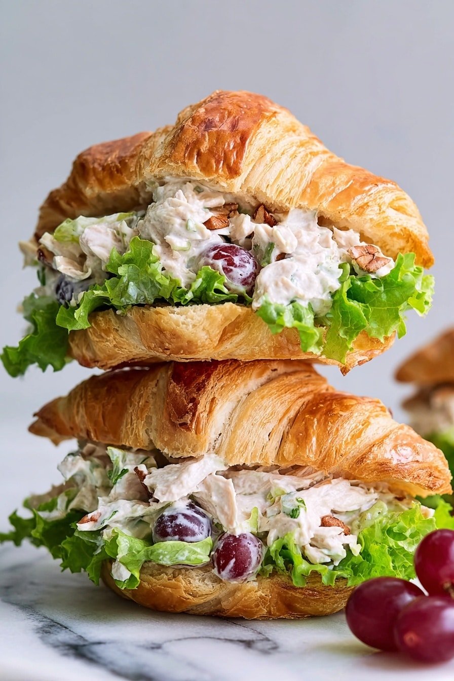 The image shows two stacked croissant sandwiches placed on a white marbled surface. Each croissant is golden brown and flaky with a slightly shiny crust, split in half horizontally. Inside, there are fresh green lettuce leaves lining the bottom half, topped with a creamy white chicken salad mixed with red grapes and small nut pieces. The salad appears thick and slightly chunky, overflowing from the croissants. The top half of each croissant gently rests over the filling, creating a layered, textured look. There are a few red grapes visible near the sandwiches on the surface. photo taken with an iphone --ar 2:3 --v 7