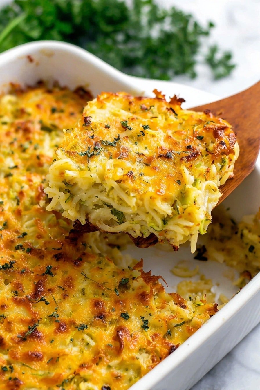 A close-up view of a baked cheesy casserole in a white dish, showing one square piece lifted by a wooden spatula. The casserole has a top layer of golden-yellow melted cheese with browned spots and scattered green herbs. Below the cheese, the texture is creamy with strands of soft, pale yellow pasta mixed with bits of green vegetables. The dish rests on a white marbled surface with blurred green herbs in the background. photo taken with an iphone --ar 2:3 --v 7