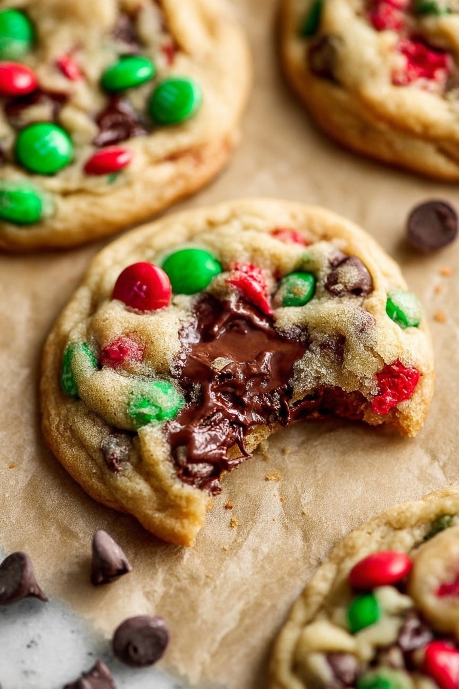 The image shows a close-up of gooey chocolate chip cookies with red and green candy pieces on top. One cookie in the center is broken open, revealing melted dark chocolate inside mixed with red candy pieces, while the outer dough is light golden brown and slightly soft. The cookies are placed on light brown parchment paper, and there are a few extra chocolate chips scattered around. The background has a white marbled texture that softly contrasts with the warm colors of the cookies. photo taken with an iphone --ar 2:3 --v 7