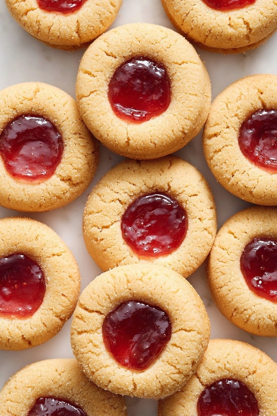 A close-up view of many round cookies with a light golden-brown color and a smooth, slightly cracked surface. Each cookie has a circular center filled with shiny, deep red jam, which looks thick and glossy. The cookies are arranged overlapping on a white marbled surface, showing their soft and slightly crumbly texture around the edges. photo taken with an iphone --ar 2:3 --v 7