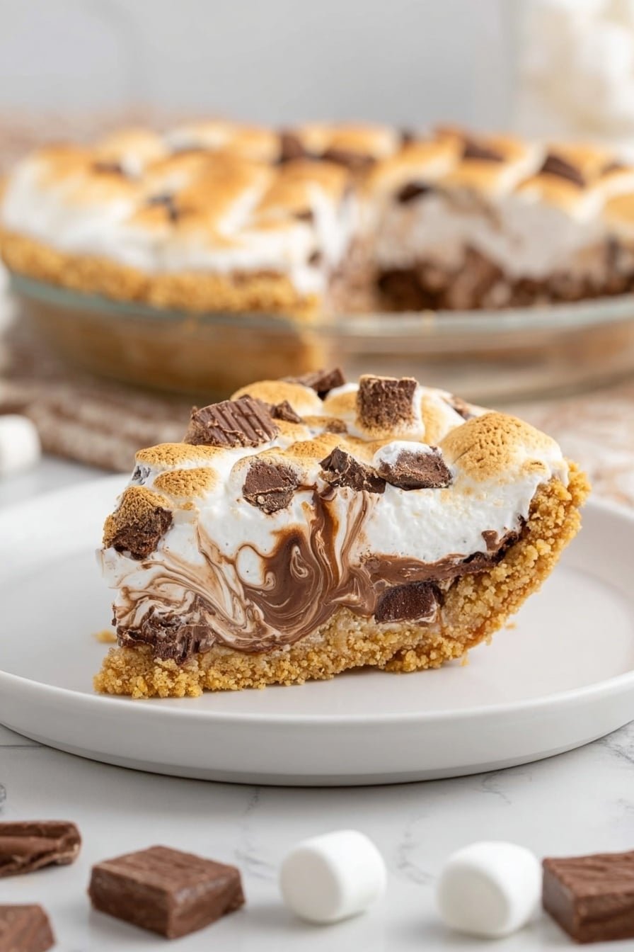 A slice of pie sits on a white plate, with three clear layers visible: a golden crumbly crust at the bottom, a thick creamy white marshmallow and melted chocolate middle layer with swirls of dark brown, and a top layer of toasted marshmallows that are slightly golden with chunks of milk chocolate scattered. The pie in the background is in a clear glass dish, also topped with toasted marshmallows and chocolate pieces. Some small white marshmallows and broken pieces of chocolate lie on a white marbled surface nearby. Photo taken with an iphone --ar 2:3 --v 7