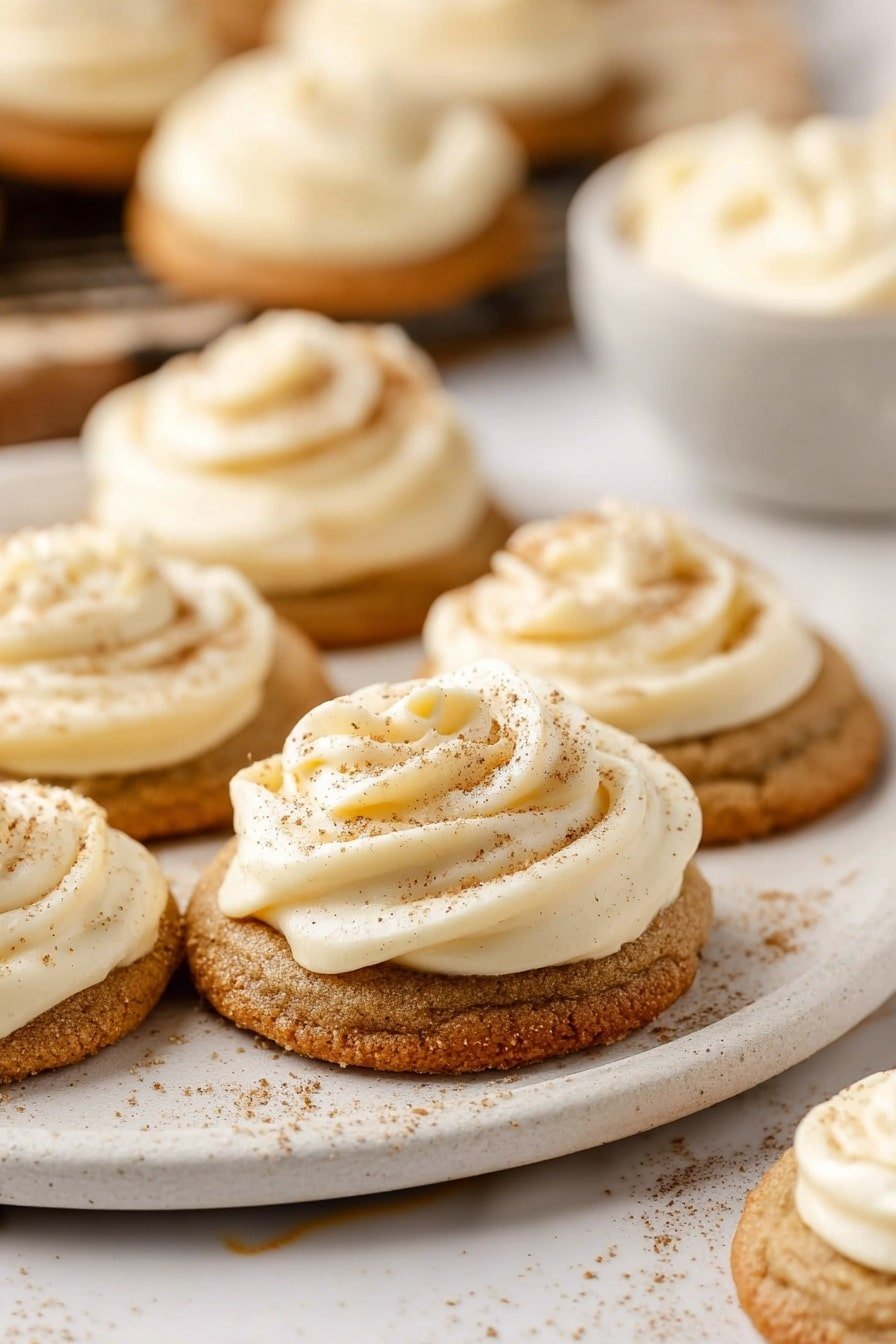 The image shows several cookies arranged on a round white plate with a crumbly texture. Each cookie has two layers: a light brown base that looks soft and slightly raised, and a thick swirl of creamy white frosting on top, with a smooth, whipped texture. The frosting is dusted lightly with brown powder, maybe cinnamon or nutmeg, adding a speckled effect. In the background, blurred cookies and a bowl with more frosting on a white marbled surface can be seen. photo taken with an iphone --ar 2:3 --v 7